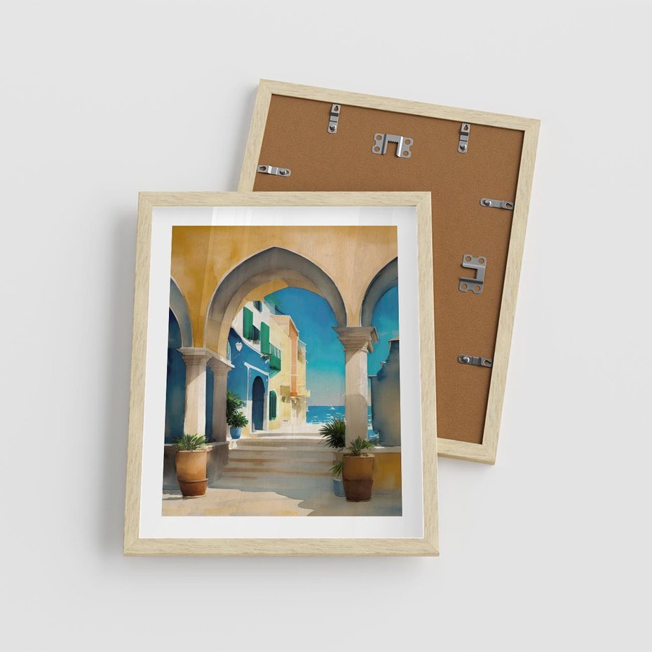 Plakat w ramie 40x50 - Nadmorskie Łuki - akwarela, śródziemnomorski klimat - rama drewno