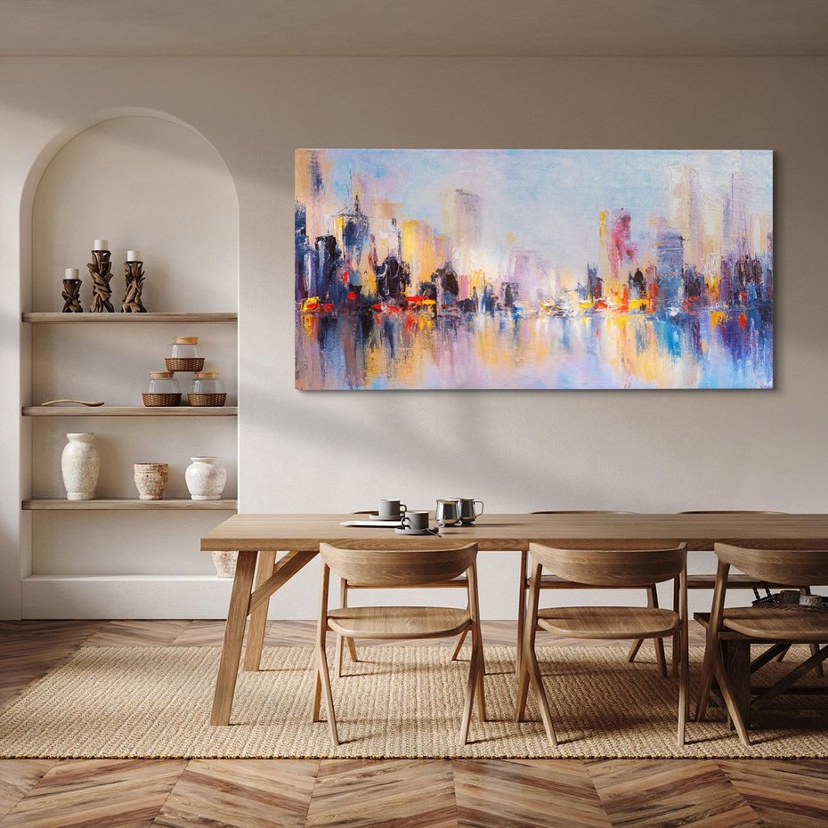 Obraz na płótnie 100x50 - Miasto Refleksji - olejna panorama miasta w oddali, wiezowce odbijają się w rzece