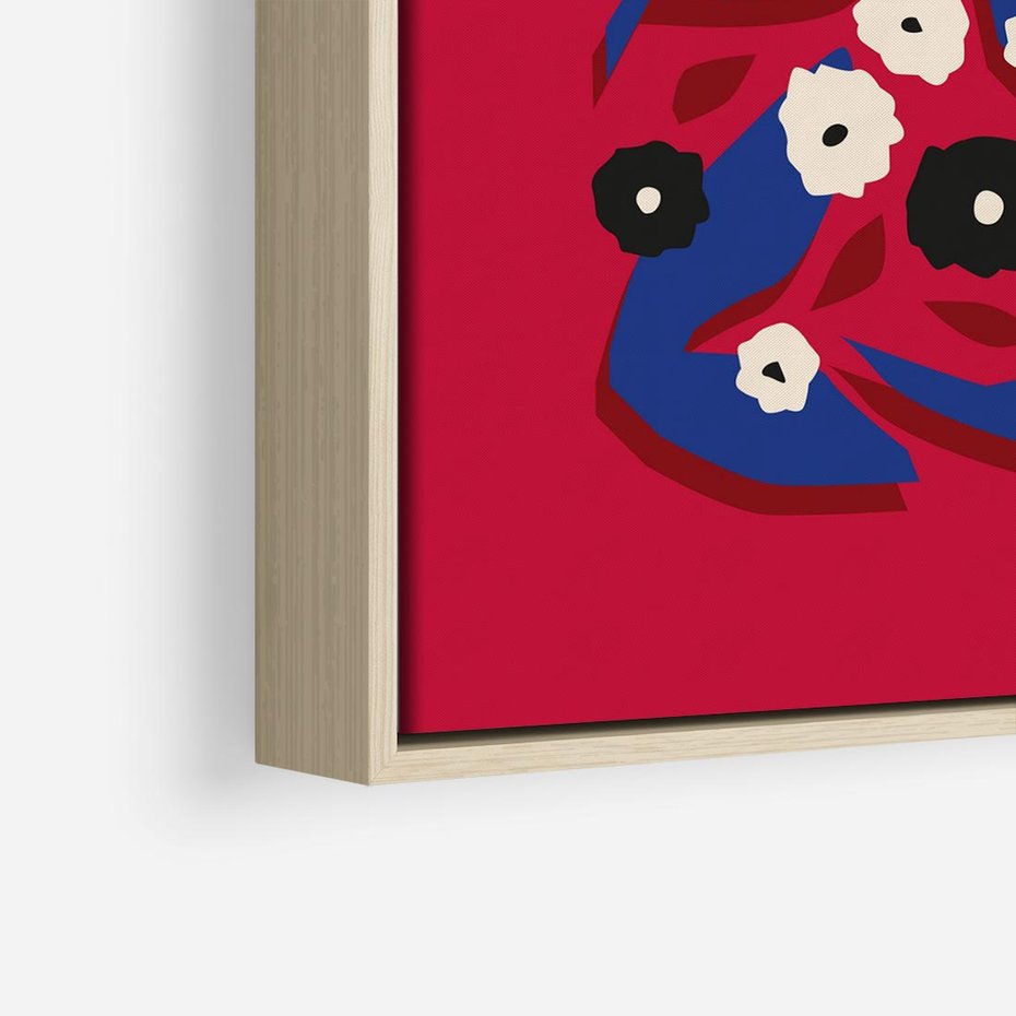 Obraz w ramie 50x50 - Kolorowe Przenikanie - abstrakcyjna kwiatowa kompozycja, czerwone mocne tło - rama drewno