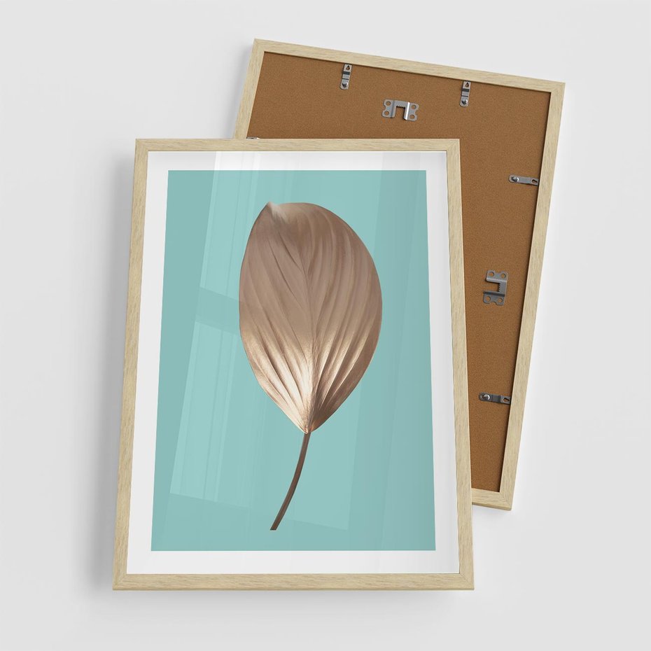 Plakat w ramie 50x70 - Delikatna Harmonia - złote, liście - rama drewno