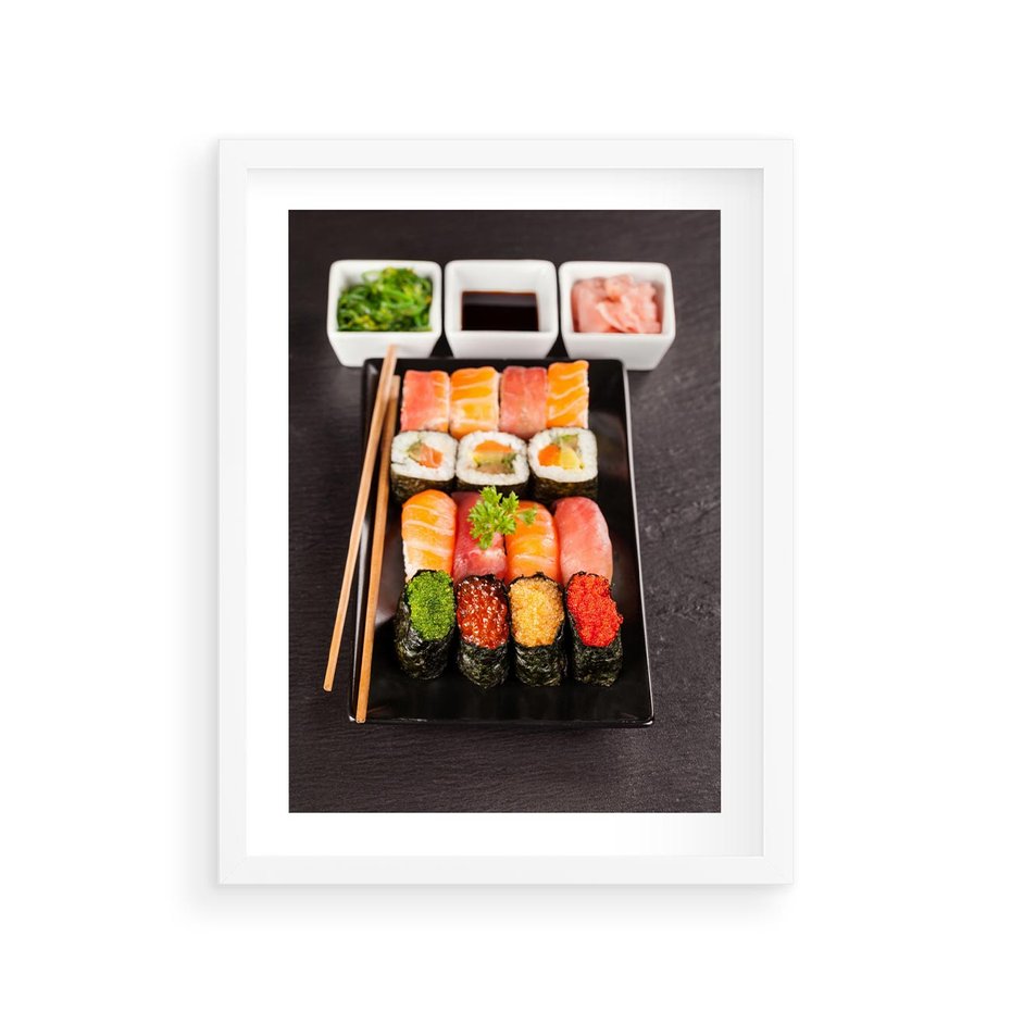 Plakat w ramie 30x40 - Kulinarne podróże do Japonii - sushi, japonia - rama biała