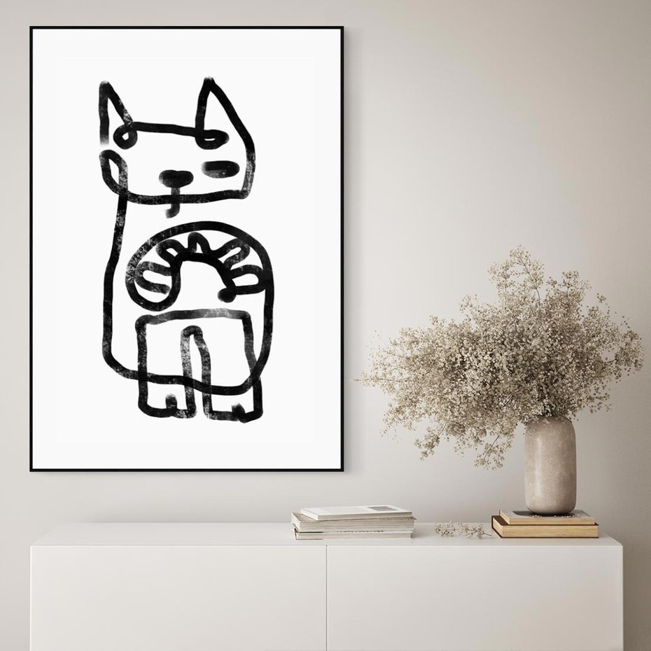 Obraz w ramie 70x100 - Portret Kociej Duszy - szkic kota, prymitywizm - rama czarna