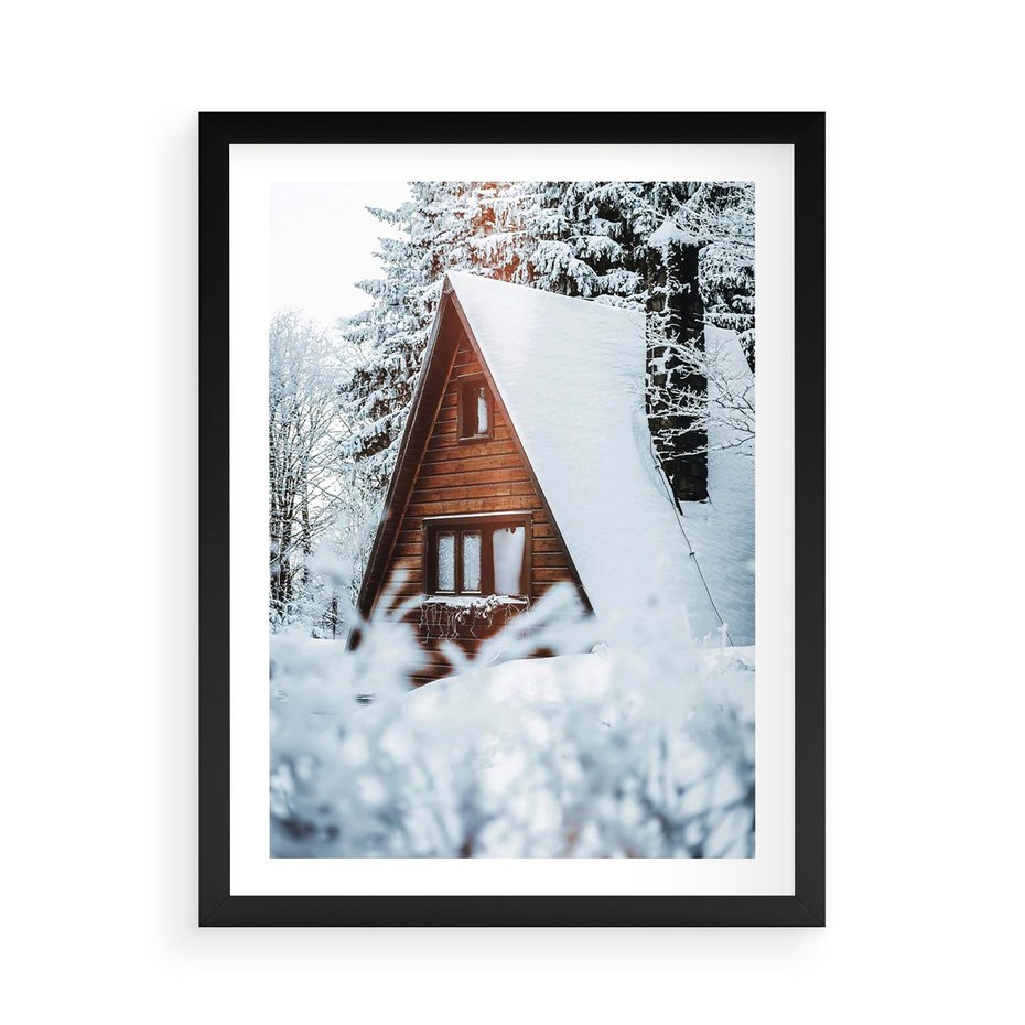 Plakat w ramie 50x70 - Zimowe Ustronie w Lesie - domek w lesie, zimowy las - rama czarna