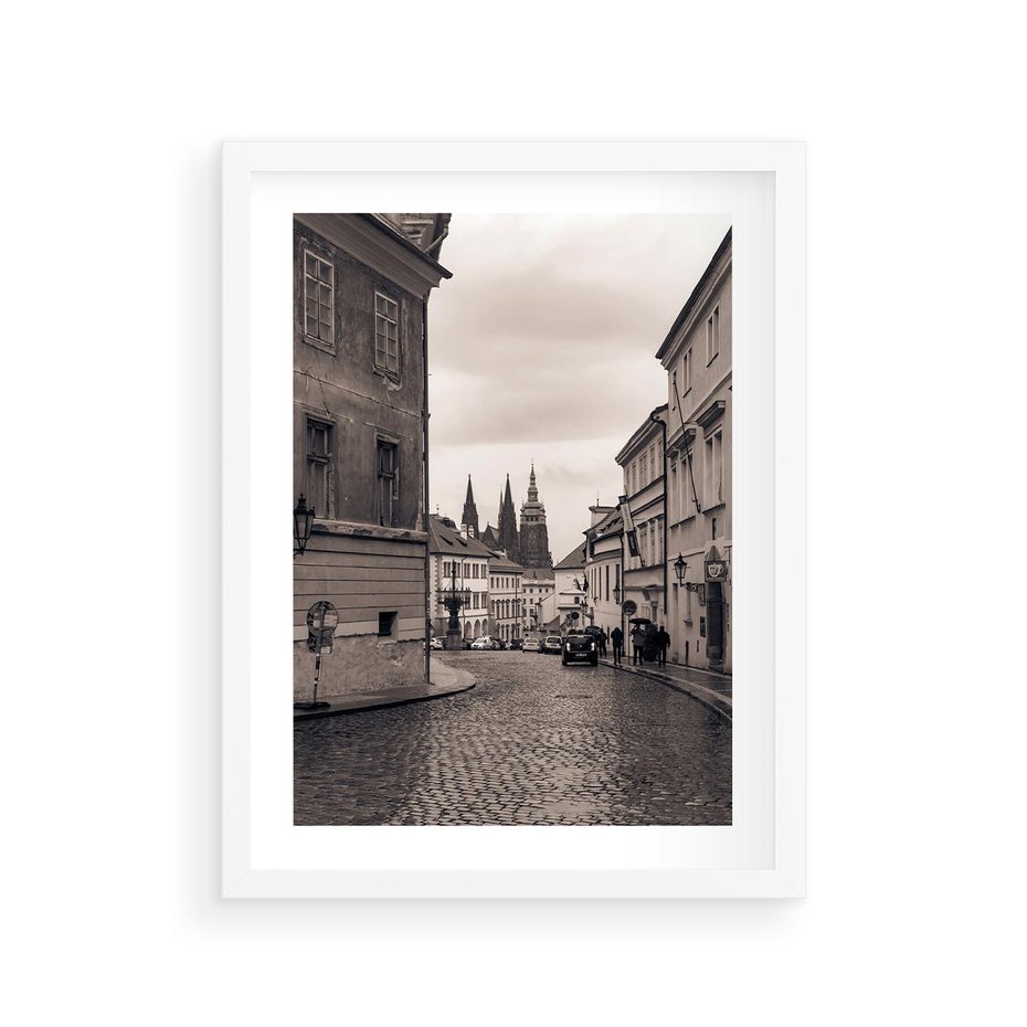 Plakat w ramie 30x40 - Przygoda Na Horyzoncie - uliczka, perspektywa - rama biała