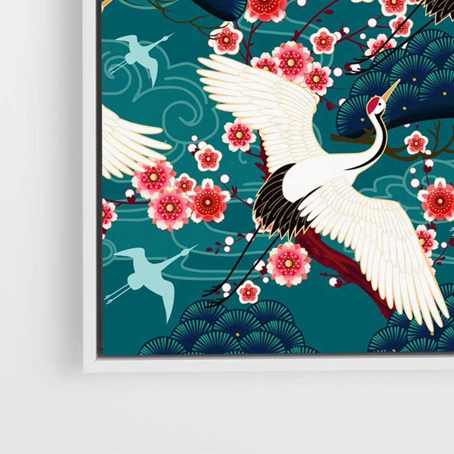 Obraz w ramie 70x50 - Żurawie Wachlarze - orientalne japońskie żurawie, grafika - rama biała
