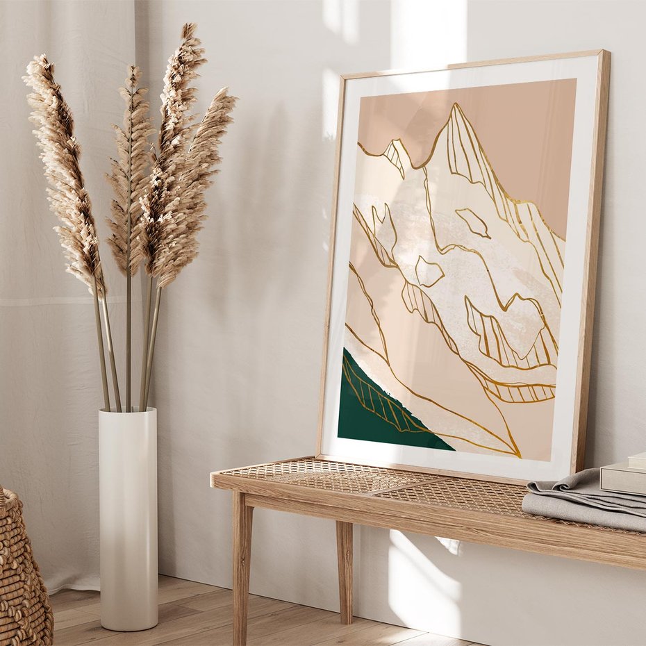 Plakat w ramie 30x40 - Góry w Złocie i Minimalizmie - grafika, złote góry - rama drewno