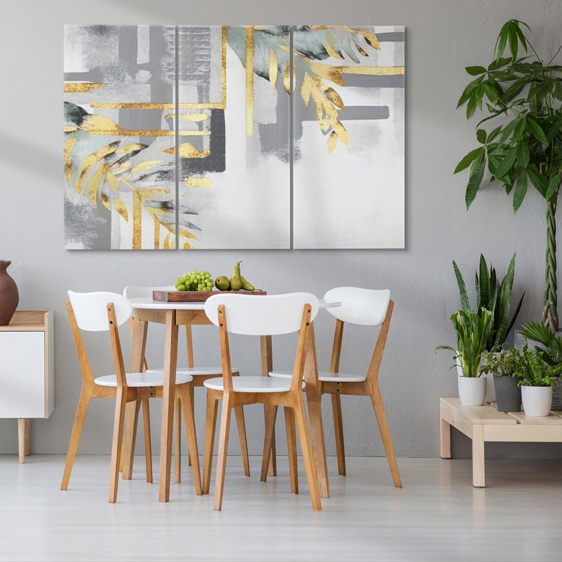 Obraz na płótnie 120x80 - Złote Palmy w Stylu Modern - geometryczne złote linie, szare tło