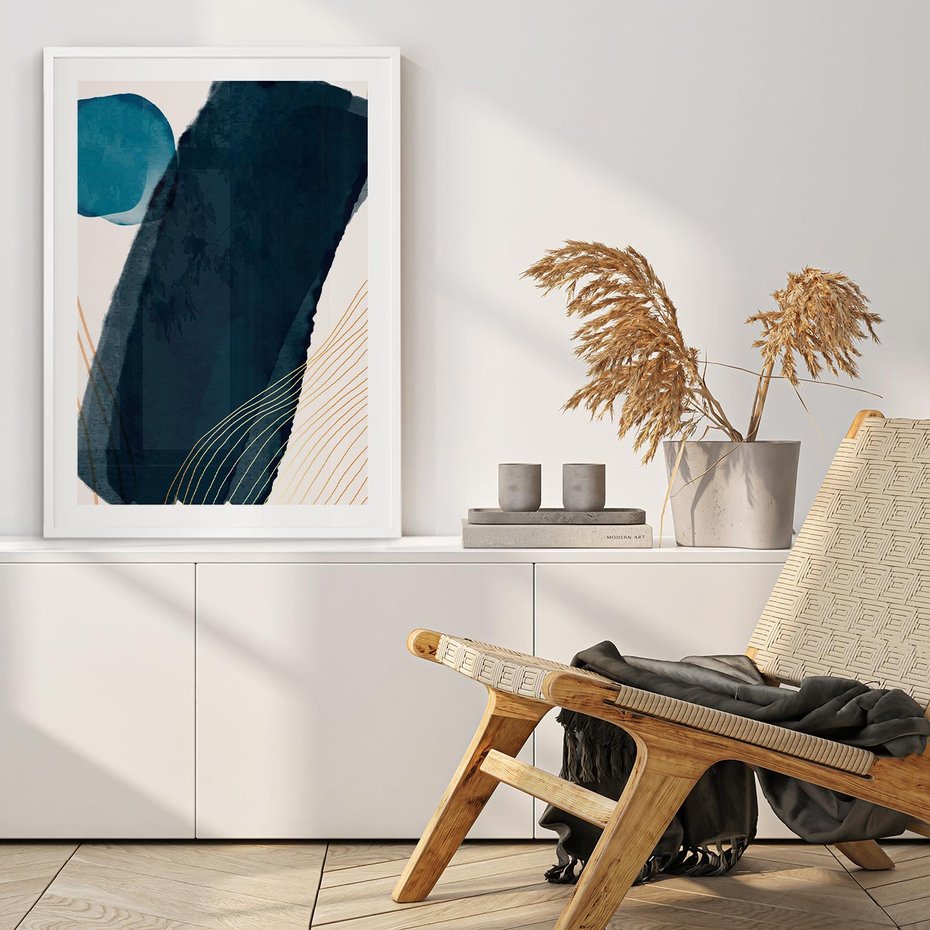 Plakat w ramie 30x40 - Nocne Widzenia - abstrakcyjna granatowa plama, akwarela - rama biała