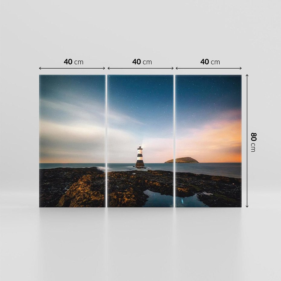 Obraz na płótnie 120x80 - Zachód słońca nad morzem: Magia plażowej scenerii - latarnia morska, morze