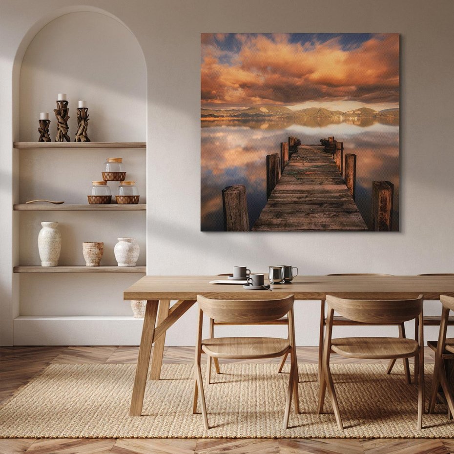 Obraz na płótnie 40x40 - Spacer po molo nad jeziorem - molo, jezioro