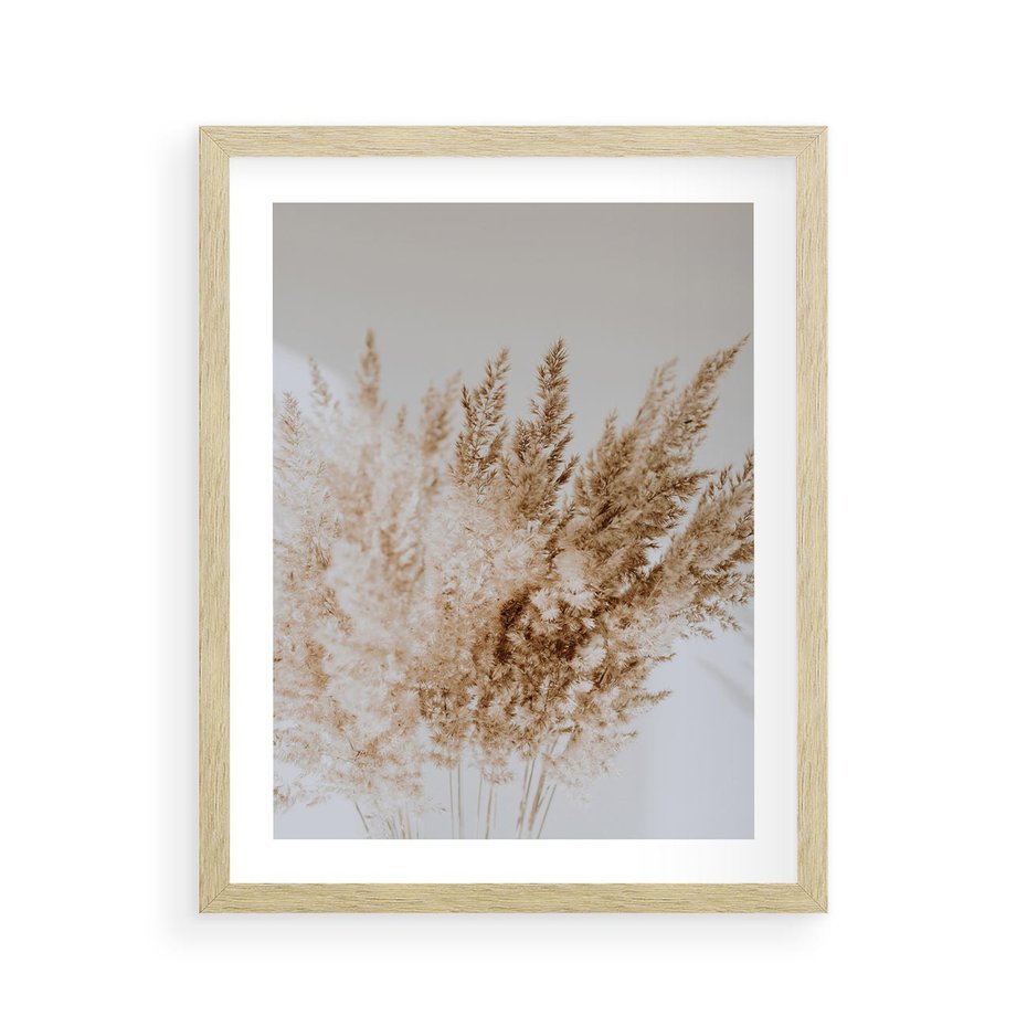 Plakat w ramie 40x50 - Boho Urok Traw Pampasowych - suche trawy, pampas - rama drewno