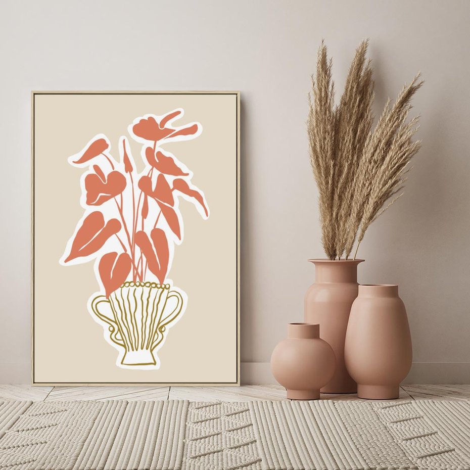 Obraz w ramie 80x120 - Harmonijne Echa - abstrakcyjne kwiaty liście, elegancka kompozycja - rama drewno