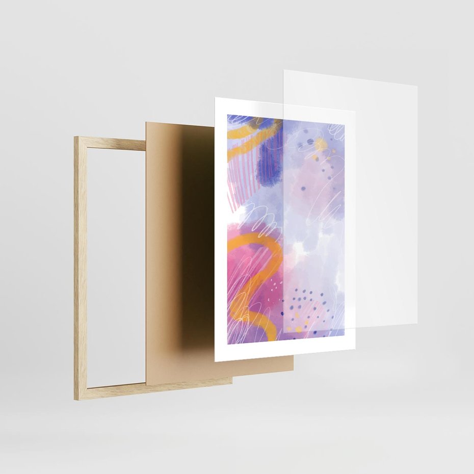 Plakat w ramie 30x40 - Migotliwe Wnętrza Kształtów - abstrakcyjny plakat, pastelowe kolory - rama drewno