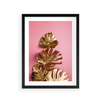 Plakat w ramie 40x50 - Złote Liście Monstery: Delikatność na Różowym Tle - złote liście monstery, różowe tło - rama czarna