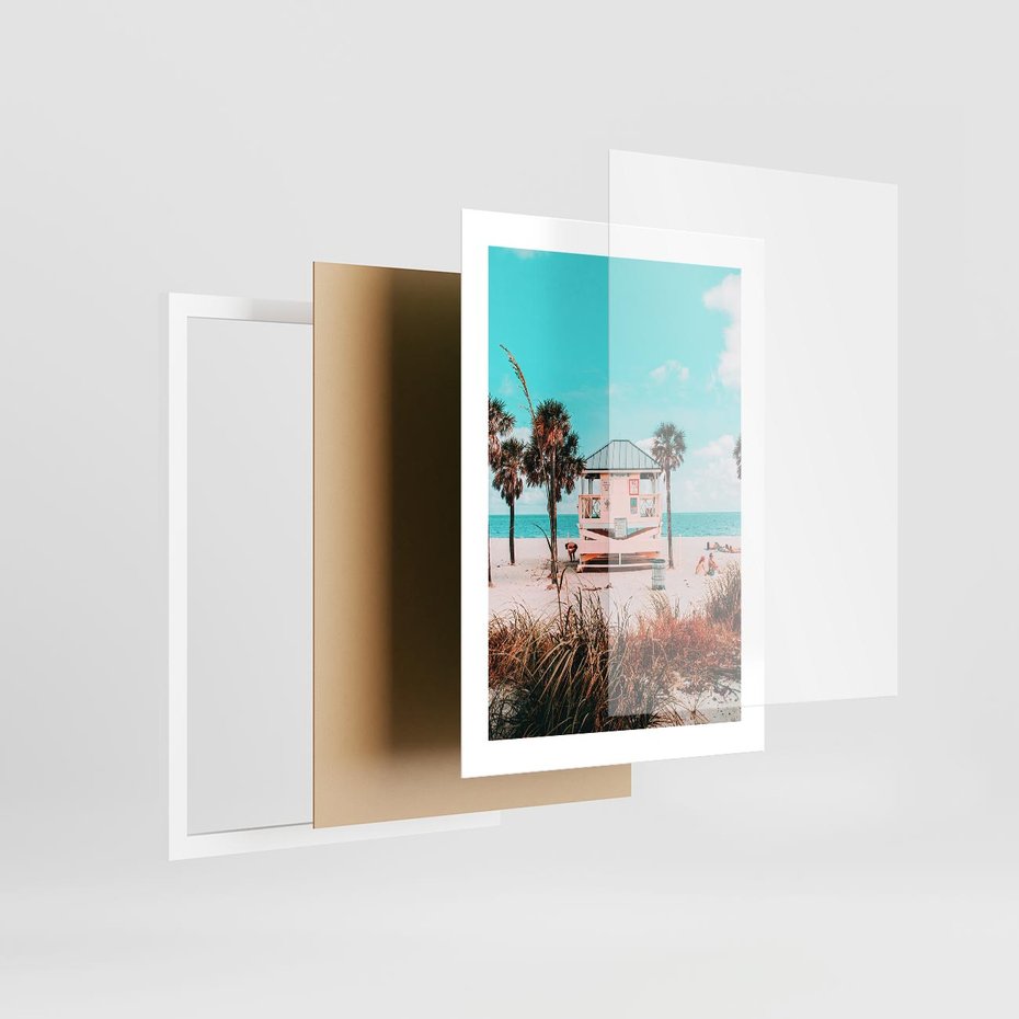 Plakat w ramie 30x40 - Plaża, Palmy i Spokój Miami - budka ratownika, plaża Miami - rama biała