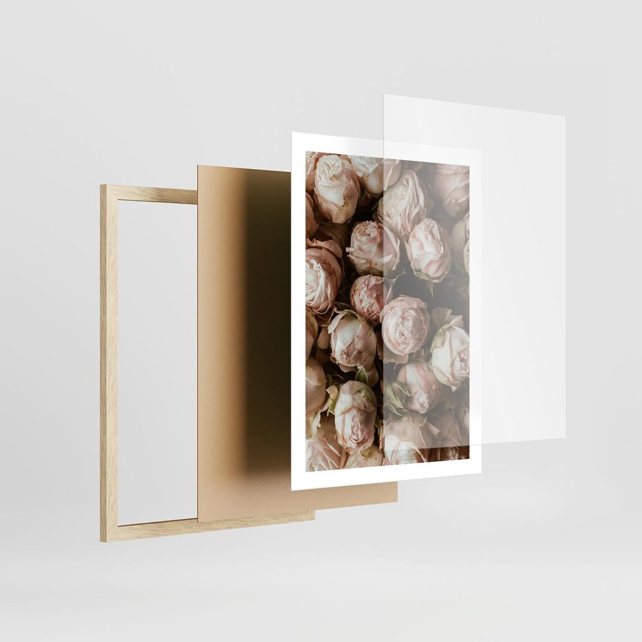 Plakat w ramie 50x70 - Róże i Różowe Kwiaty w Kompozycji - róże, różowe kwiaty - rama drewno