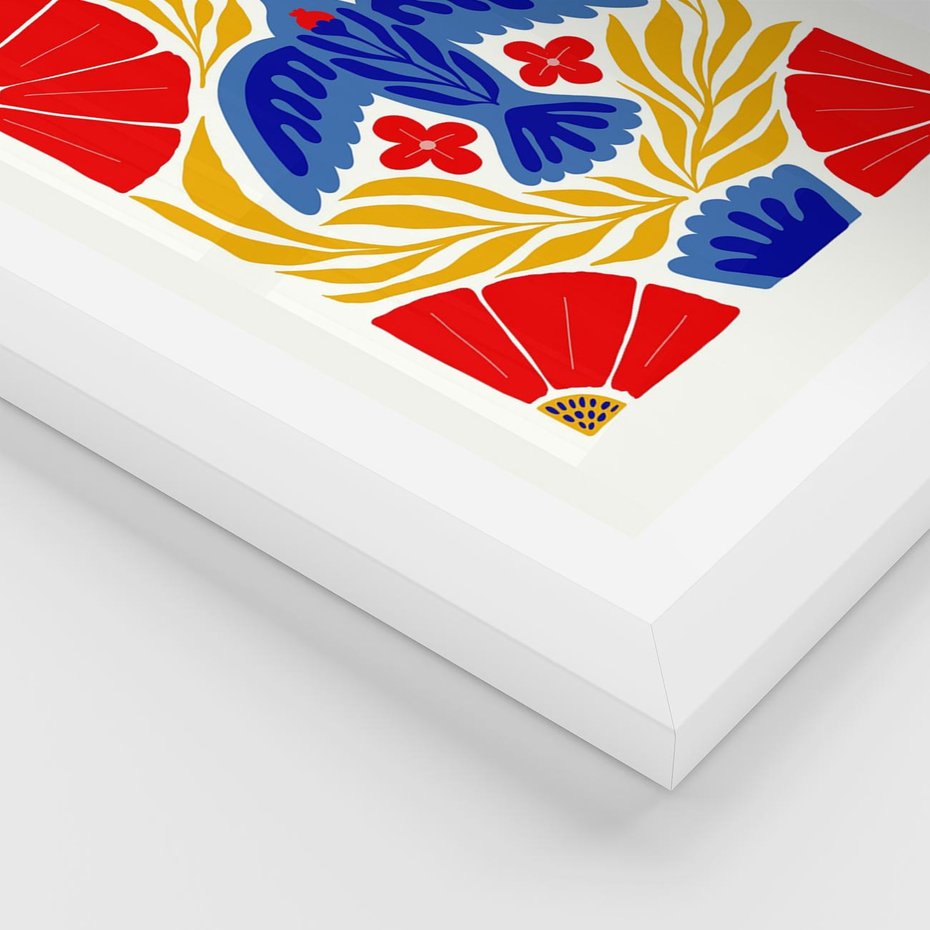 Plakat w ramie 30x40 - Eklektyczny Majestat - wyrazista grafika, mocne kolory czerwień niebieski żółty - rama biała