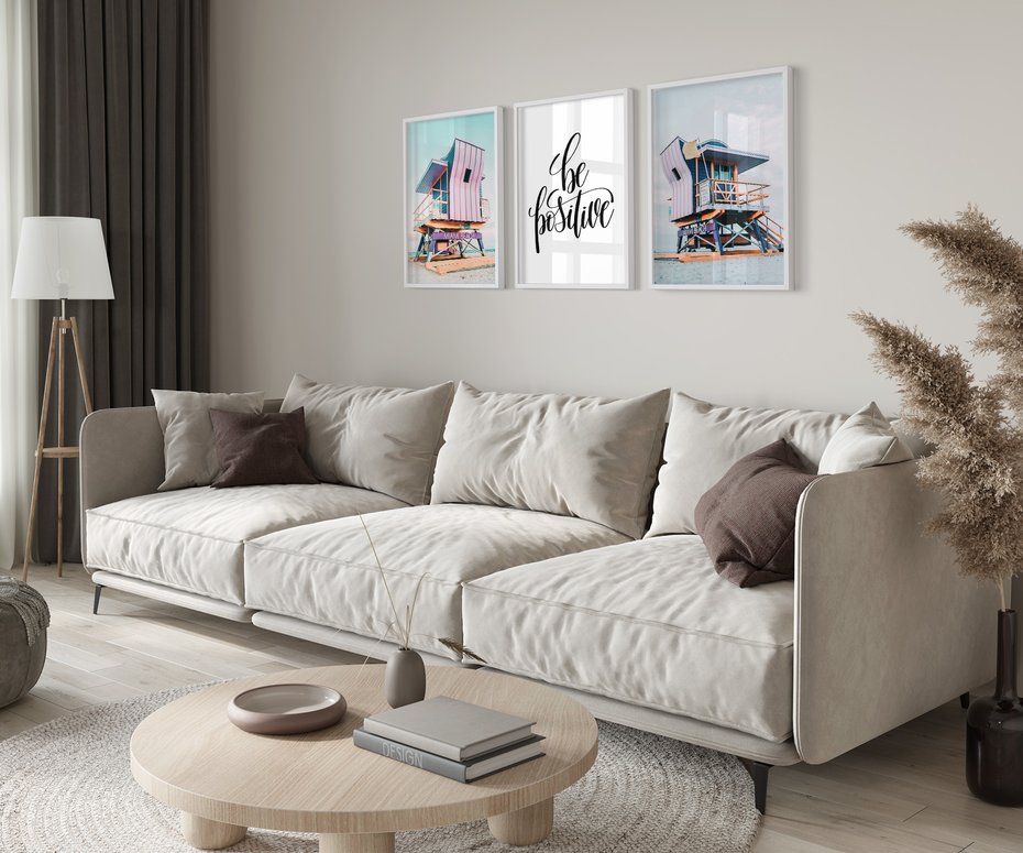 Zestaw obrazy w ramie 50x70 galeria - Be, positive, plaża, kolory - rama biała