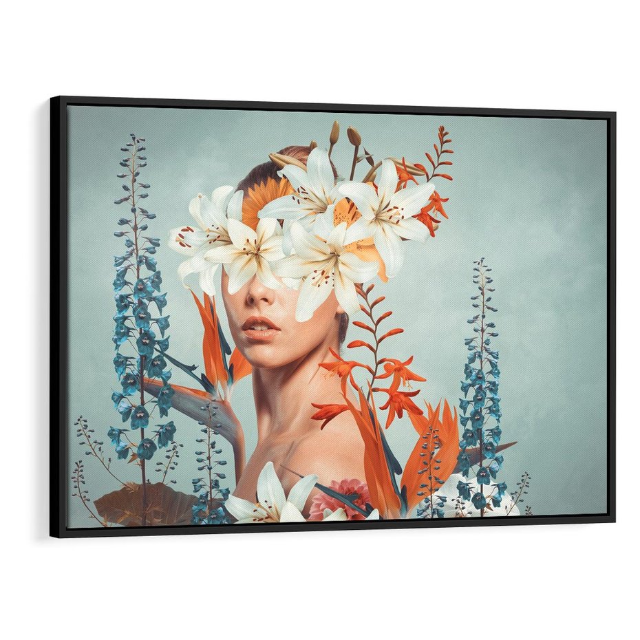 Obraz w ramie 100x70 - Kwiatowa Enklawa Uroku - kolaż, nierealna kompozycja - rama czarna