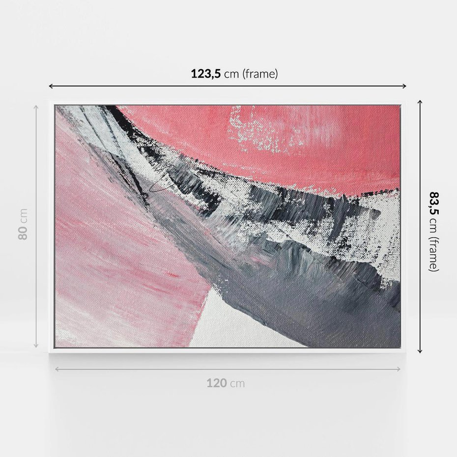 Obraz w ramie 120x80 - Kontrastujący Ruch Emocji - abstrakcyjne pasy farby, kolory róż szary czarny - rama biała