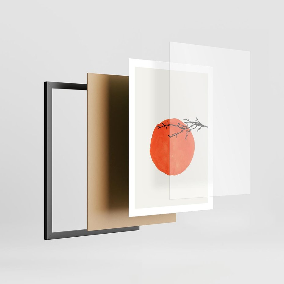Plakat w ramie 50x70 - Słońce i Gałązka - pomarańczowe słońce, gałązka - rama czarna
