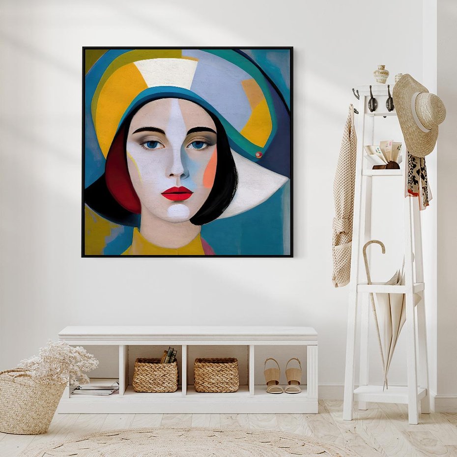 Obraz w ramie 50x50 - Kształtujące Widzenia - abstrakcyjny obraz olejny, portret twarzy kobiety - rama czarna