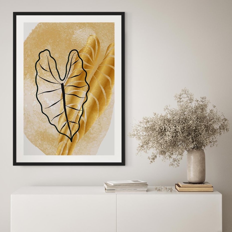 Plakat w ramie 50x70 - Monstera w Złocie - złote liście monstery, grafika - rama czarna