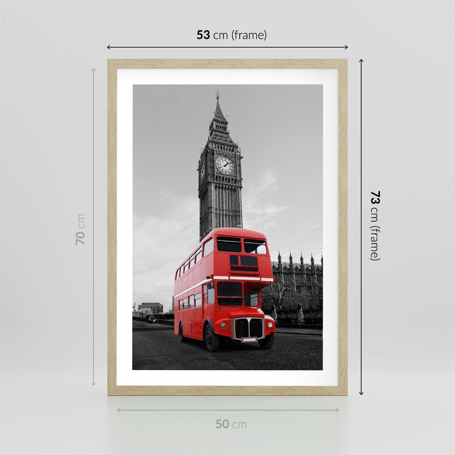 Plakat w ramie 50x70 - Autobusy w tętniącym życiem Londynie - Londyn, autobus - rama drewno