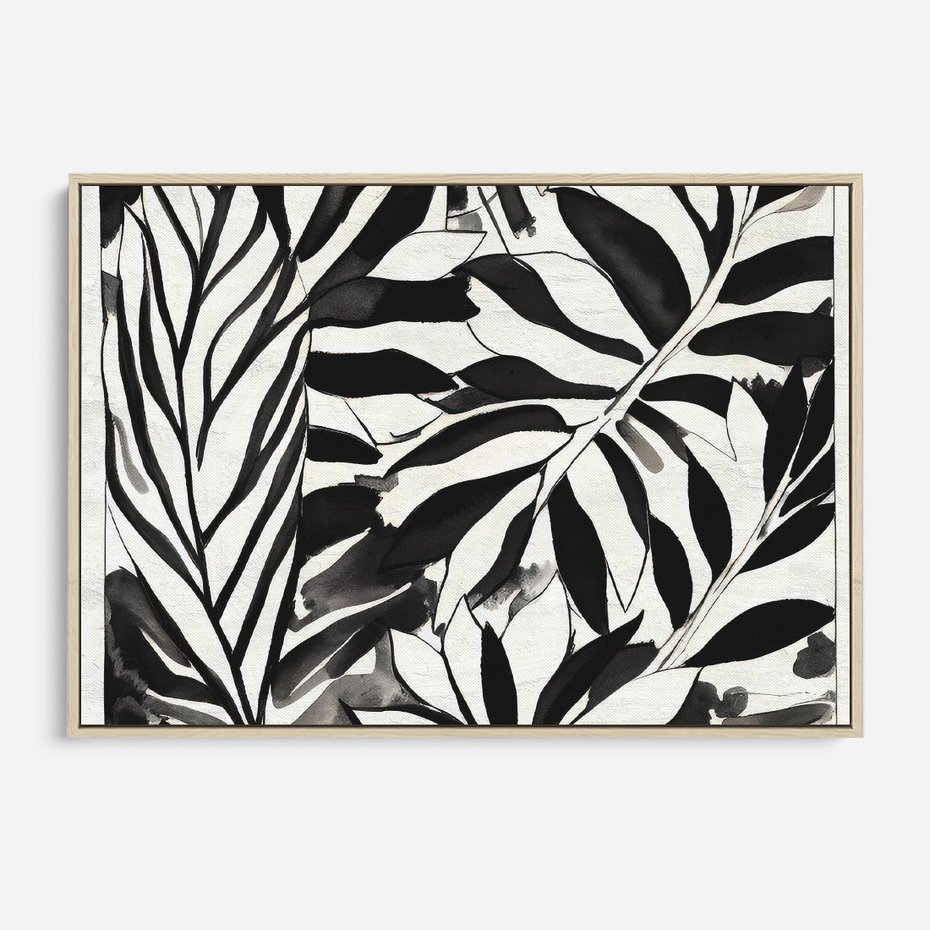 Obraz w ramie 70x50 - Czarne Liście - akwarelowy obraz, czarno biały - rama drewno