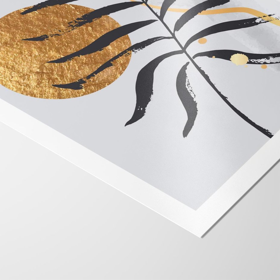 Plakat bez ramy 21x30 - Grafika z Czarnym Liściem Palmy - czarny liść palmy, złóte kołó