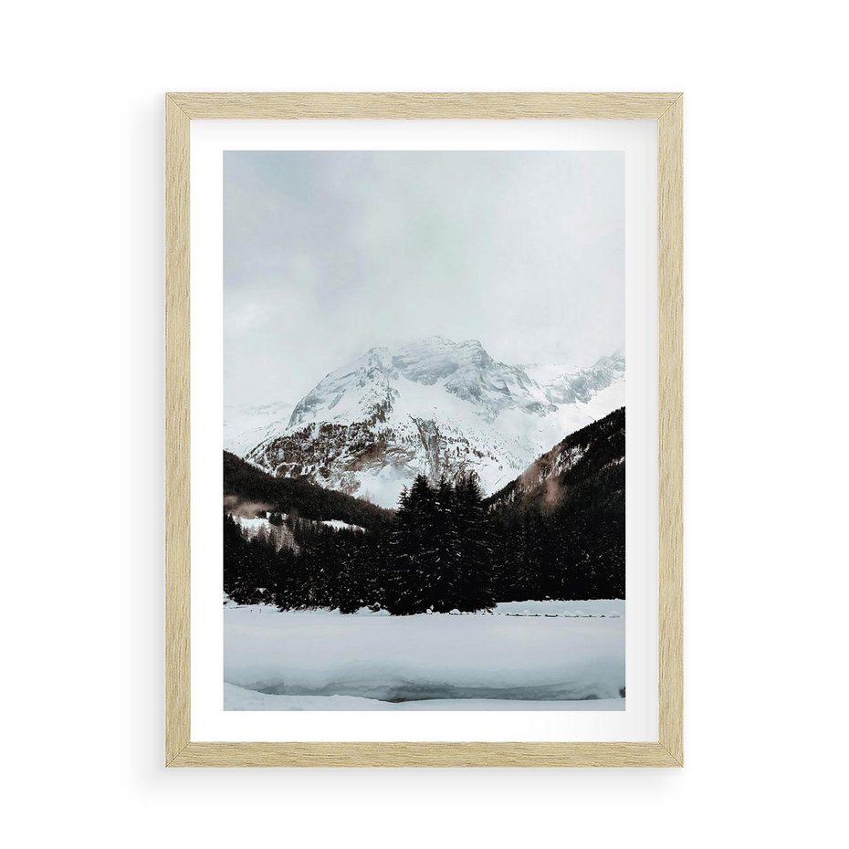 Plakat w ramie 50x70 - W Cieniu Śnieżnych Szczytów - górski krajobraz, zima - rama drewno