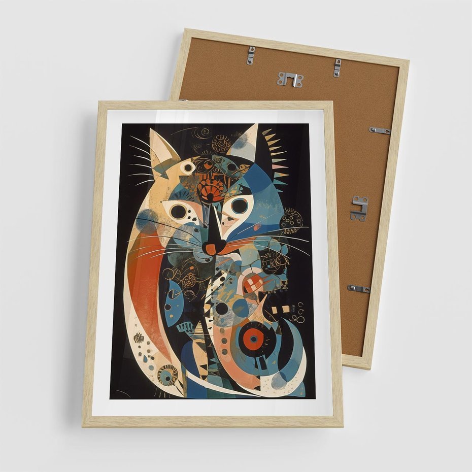 Plakat w ramie 50x70 - Księga Surrealnych Wymiarów - abstrakcyjny obraz olejny, kot - rama drewno