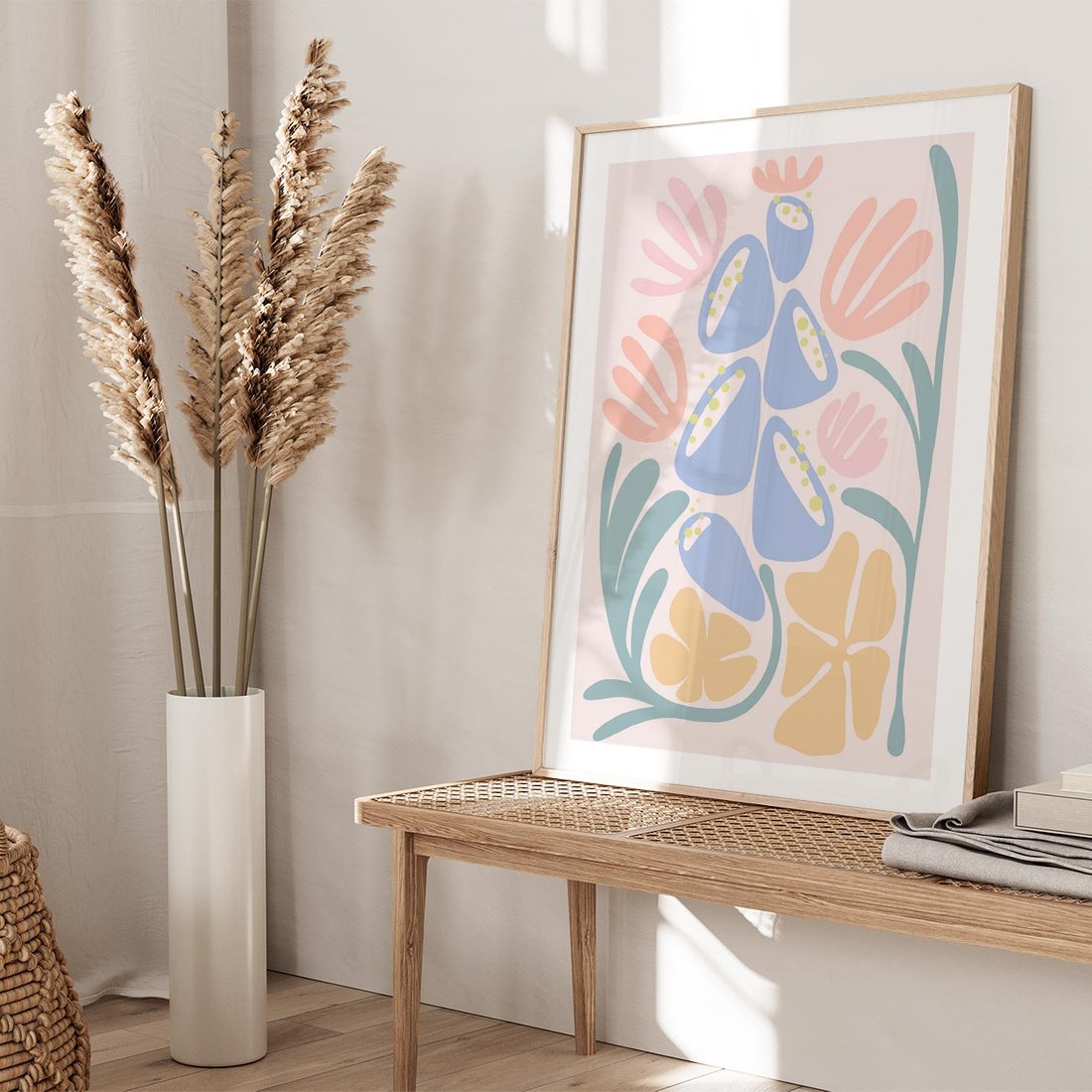 Plakat w ramie 30x40 - Minimalistycznie i Pastelowo - pastelowe kwiaty, na beżowym tle - rama drewno