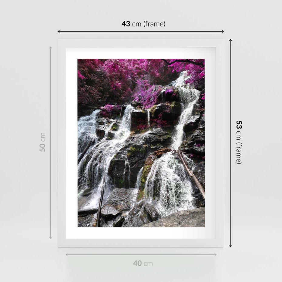 Plakat w ramie 40x50 - Wodospad wśród majestatycznych gór - wodospad, góry - rama biała