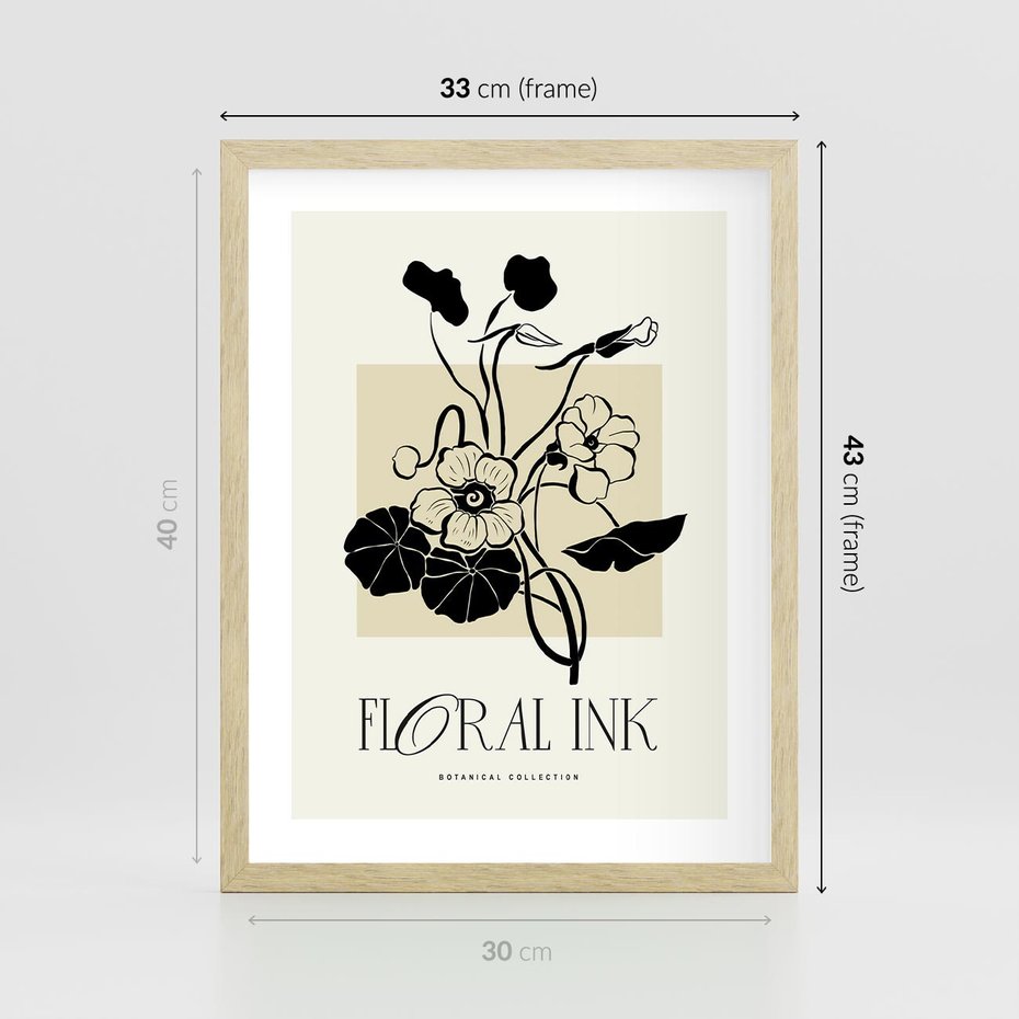 Plakat w ramie 30x40 - Podróż linii kwiatowego czasu - kwiaty, typografia - rama drewno