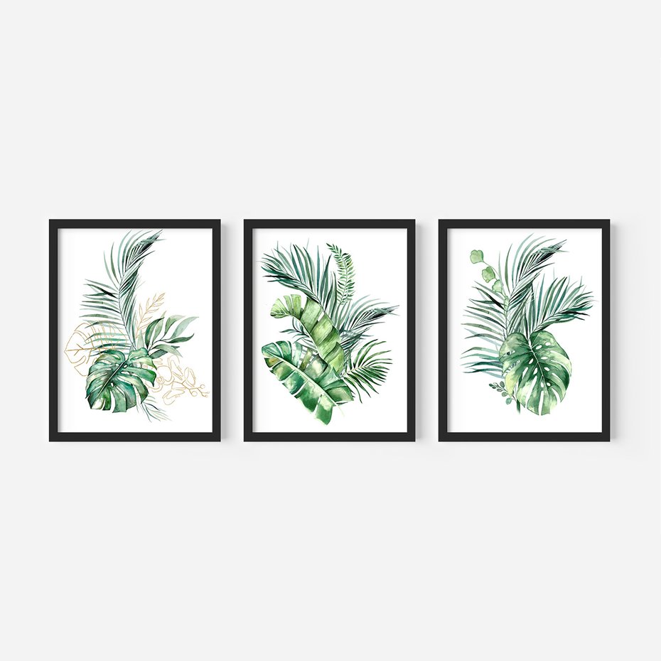Zestaw obrazy w ramie 40x50 galeria - Liście, monstera, palma, złote, akwarele - rama czarna