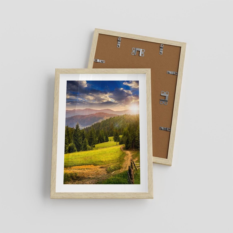 Plakat w ramie 30x40 - Zachód słońca na łące - zachód, łąka - rama drewno