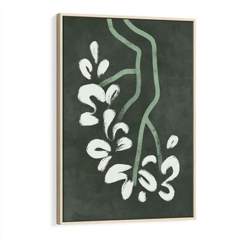 Obraz w ramie 80x120 - Rozkwitające Zielone Gałęzie - abstrakcyjne delikatne zielone linie, podobne do gałęzi kwiatów - rama drewno