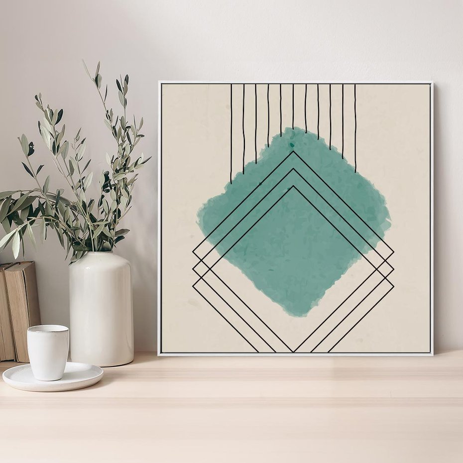 Obraz w ramie 80x80 - Impresje Przestrzeni - akwarelowa plama, geometryczne szkicowane kształty - rama biała