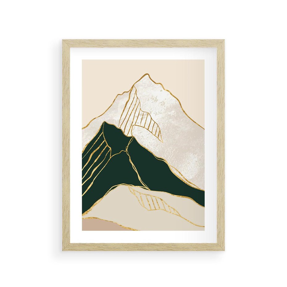 Plakat w ramie 30x40 - Minimalistyczne Góry: Złota Sztuka Natury - minimalistyczna grafika, góry - rama drewno