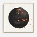 Obraz w ramie 50x50 - Wnętrza Marzeń - abstrakcyjna czarna plama, rozsiane pomarańczowe kropki - rama drewno