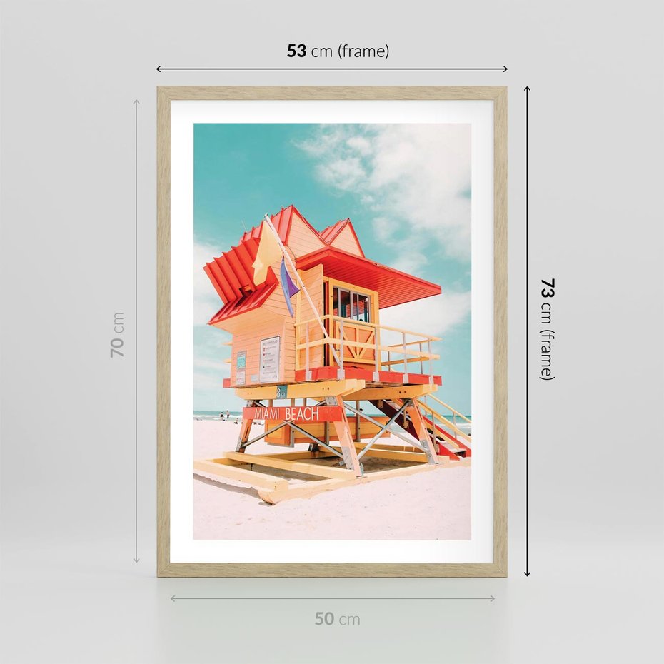 Plakat w ramie 50x70 - Rajski Widok - plaża miami, domek ratownika - rama drewno