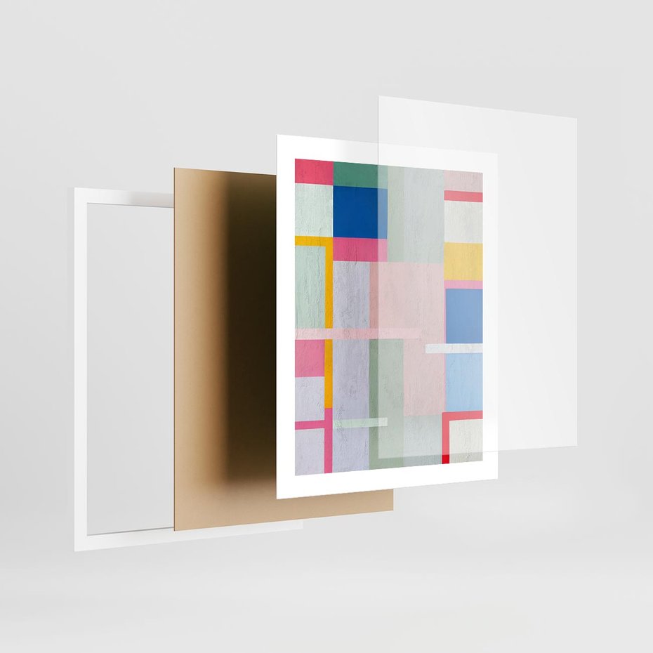 Plakat w ramie 40x50 - Rozbijające Granice Wyobraźni - abstrakcyjne geometryczne kształty, olejny obraz - rama biała