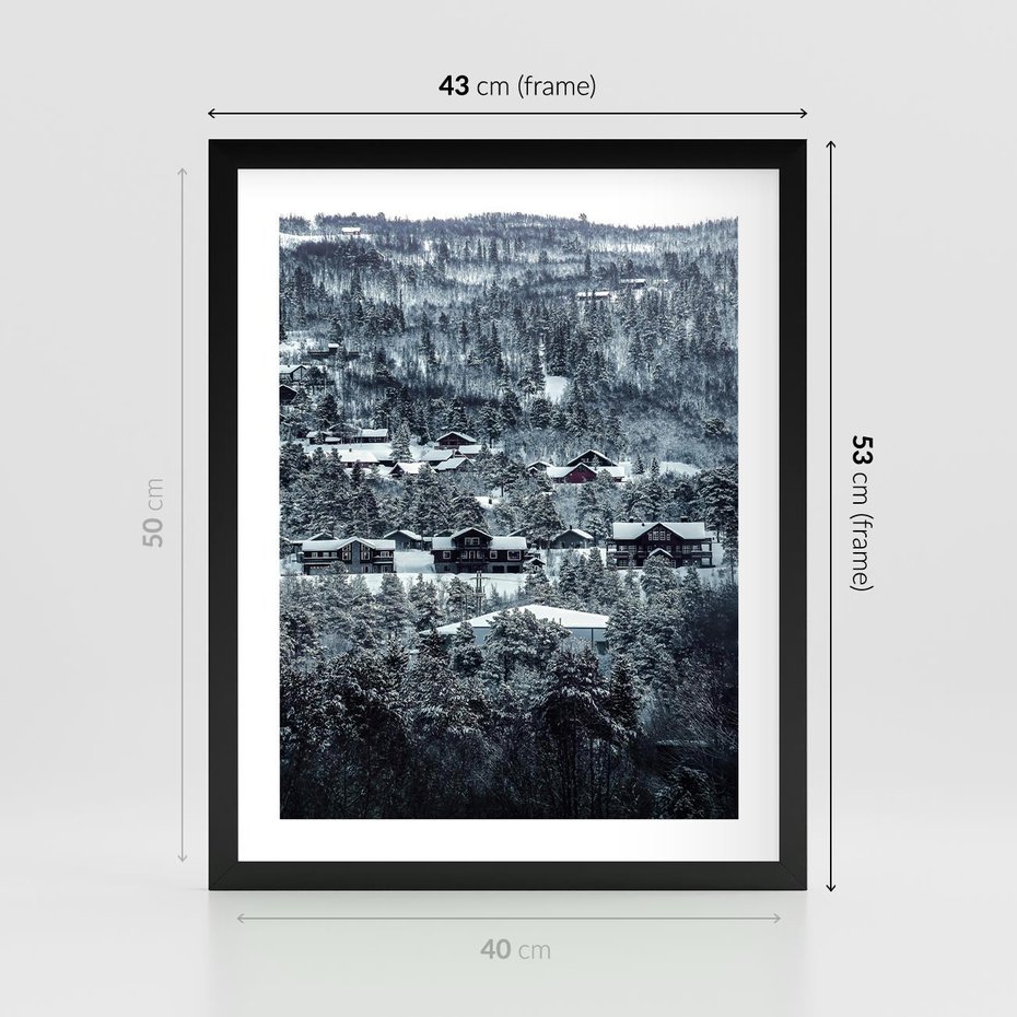 Plakat w ramie 40x50 - Domki w Chmurach - górski zimowy krajobraz, dommki na wzgórzach - rama czarna