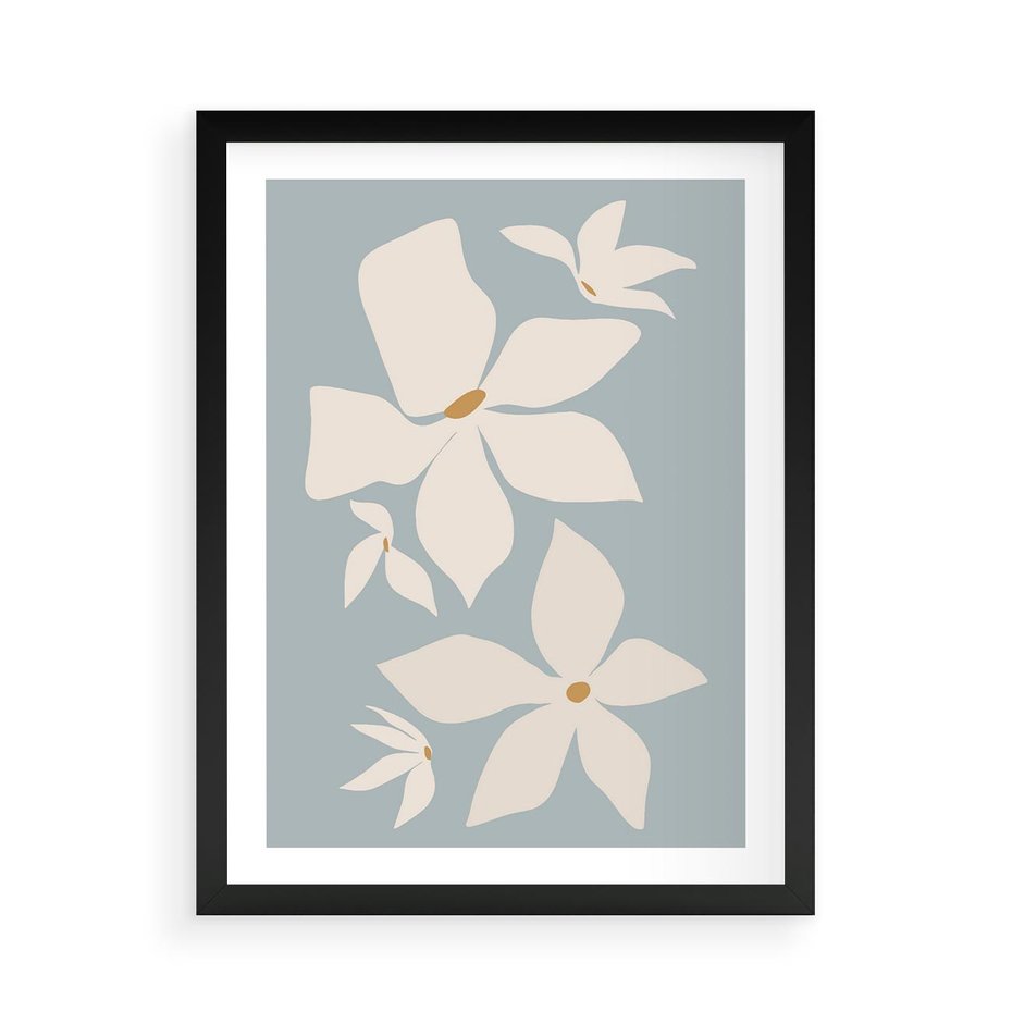 Plakat w ramie 50x70 - Błękit Kwiatów - kwiaty, nowoczesne i minimalistyczne - rama czarna