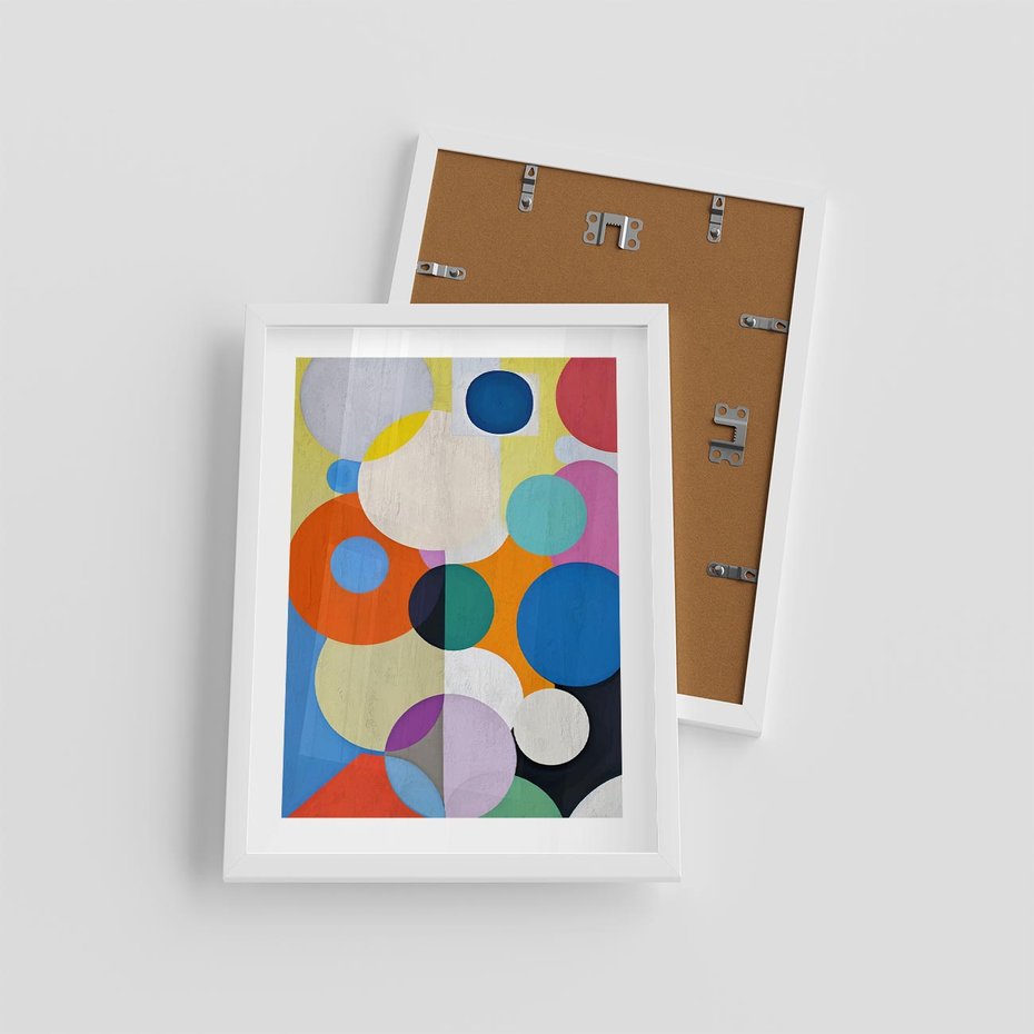 Plakat w ramie 30x40 - Tajemnicze Odbicia Czasu - abstrakcyjne geometryczne kształty, olejny obraz - rama biała