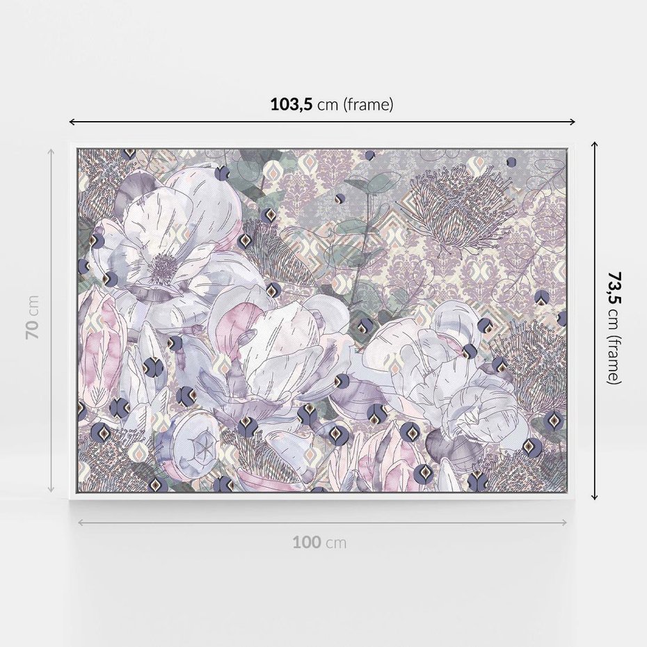 Obraz w ramie 100x70 - Malowane oddechy istnienia - pomieszane tekstury, kwiatowe elementy - rama biała