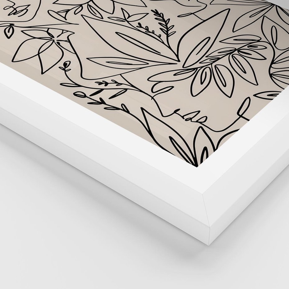 Plakat w ramie 30x40 - Kobiecy Portret Duszy - beżowe tło, czarny szkic nowoczesnych kwiatów - rama biała