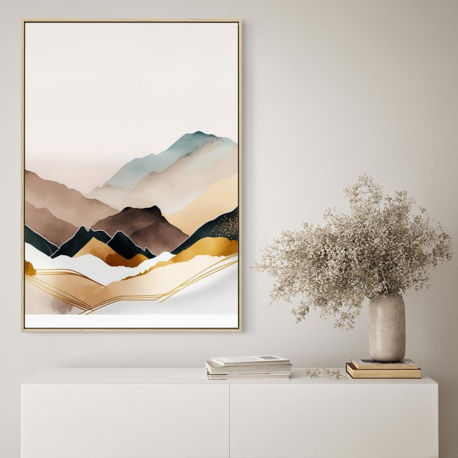 Obraz w ramie 80x120 - Góry Tonące w Pastelach - złote pastelowe góry, akwarela - rama drewno