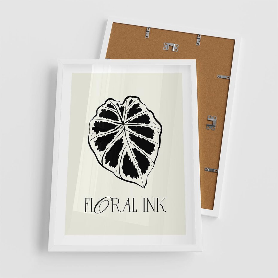 Plakat w ramie 50x70 - Zapisane na liściach wspomnienia - liść, czarny kontur na jasnym tle - rama biała